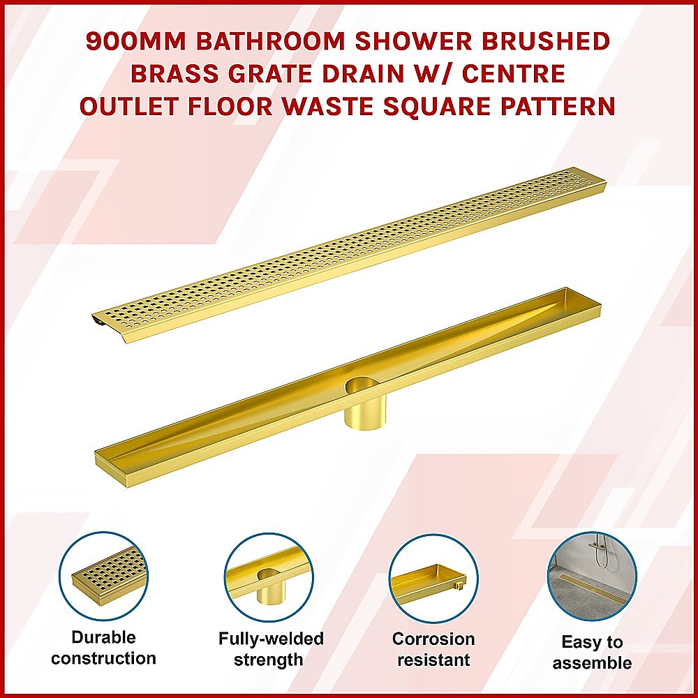 Brushed Brass 900mm Shower Grate with Center Outlet