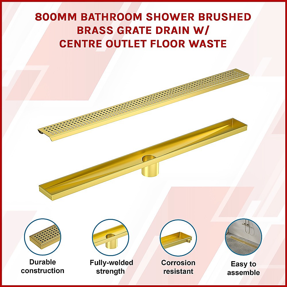 Brushed Brass 800mm Shower Grate Drain with Center Outlet