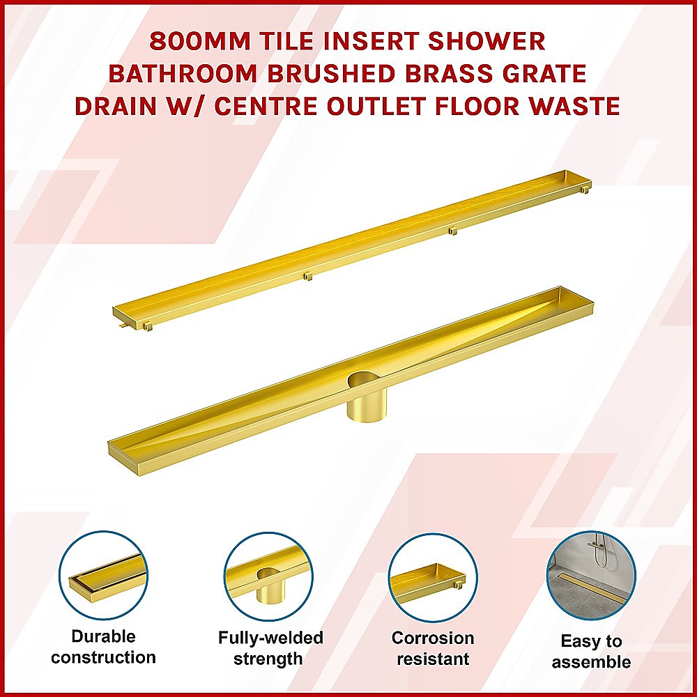 Brushed Brass Tile Insert Shower Grate with 50mm Outlet - 80cm