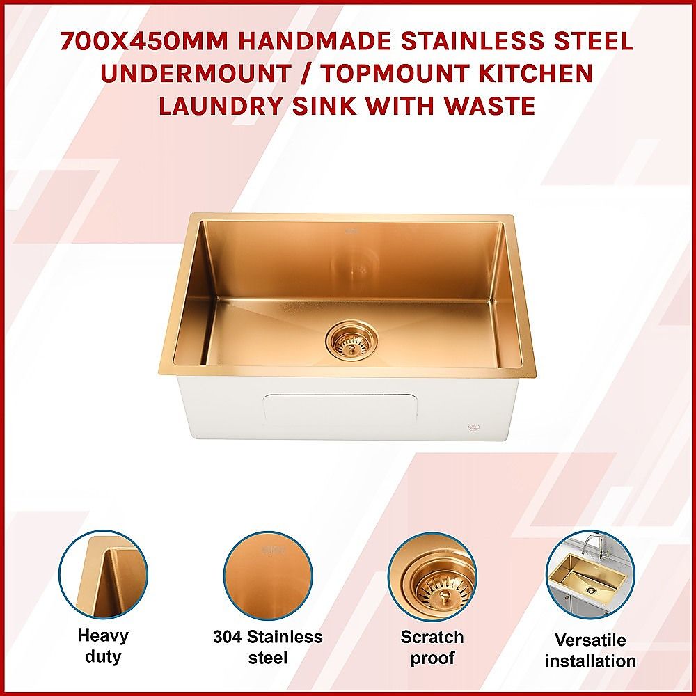 700x450mm Handmade Stainless Steel Undermount / Topmount Kitchen Laundry Sink with Waste