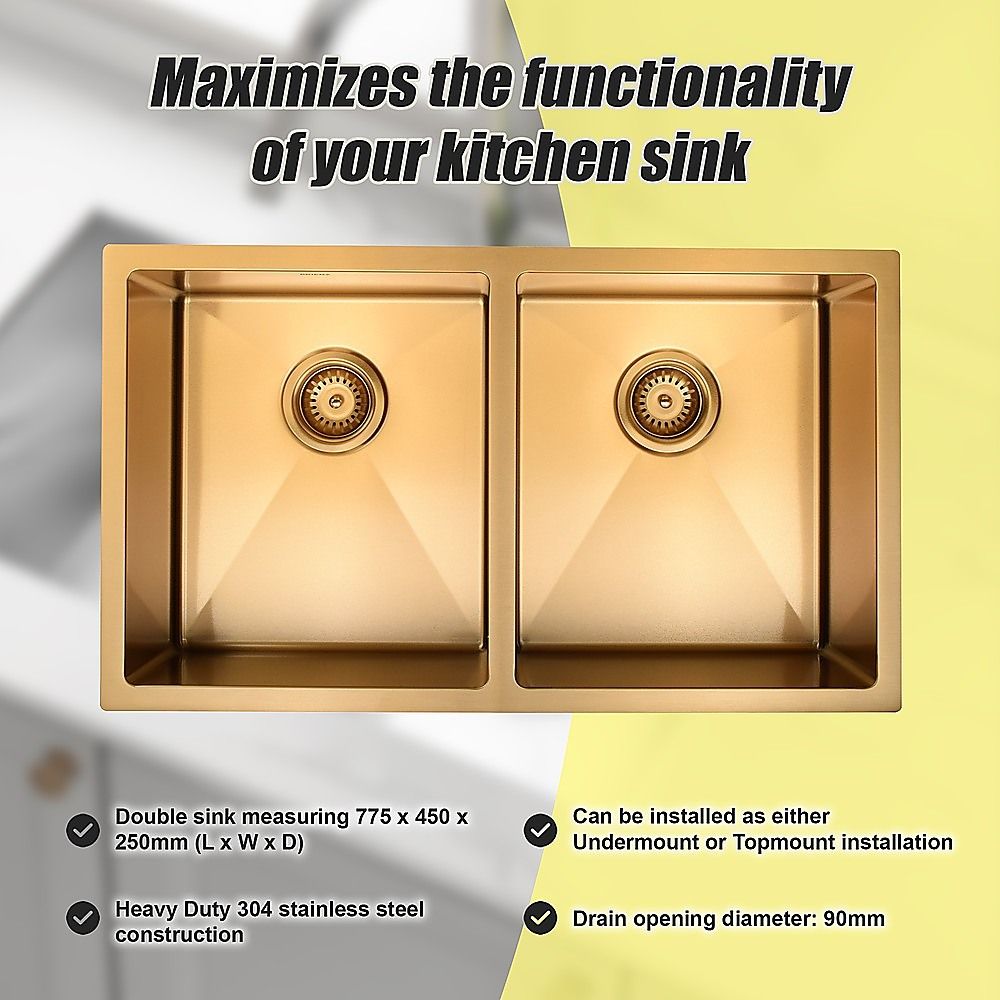 775x450mm Handmade Stainless Steel Undermount / Topmount Kitchen Laundry Sink with Waste