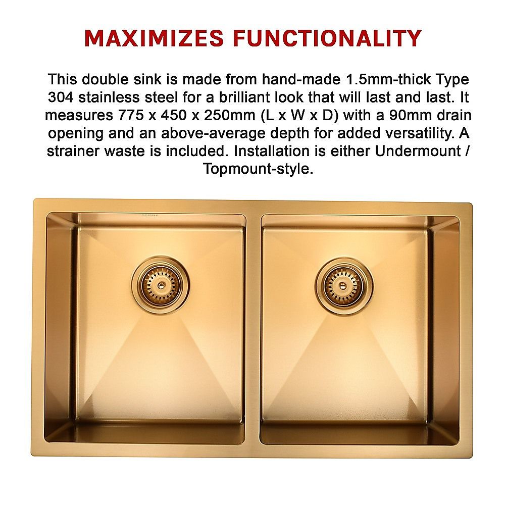 775x450mm Handmade Stainless Steel Undermount / Topmount Kitchen Laundry Sink with Waste