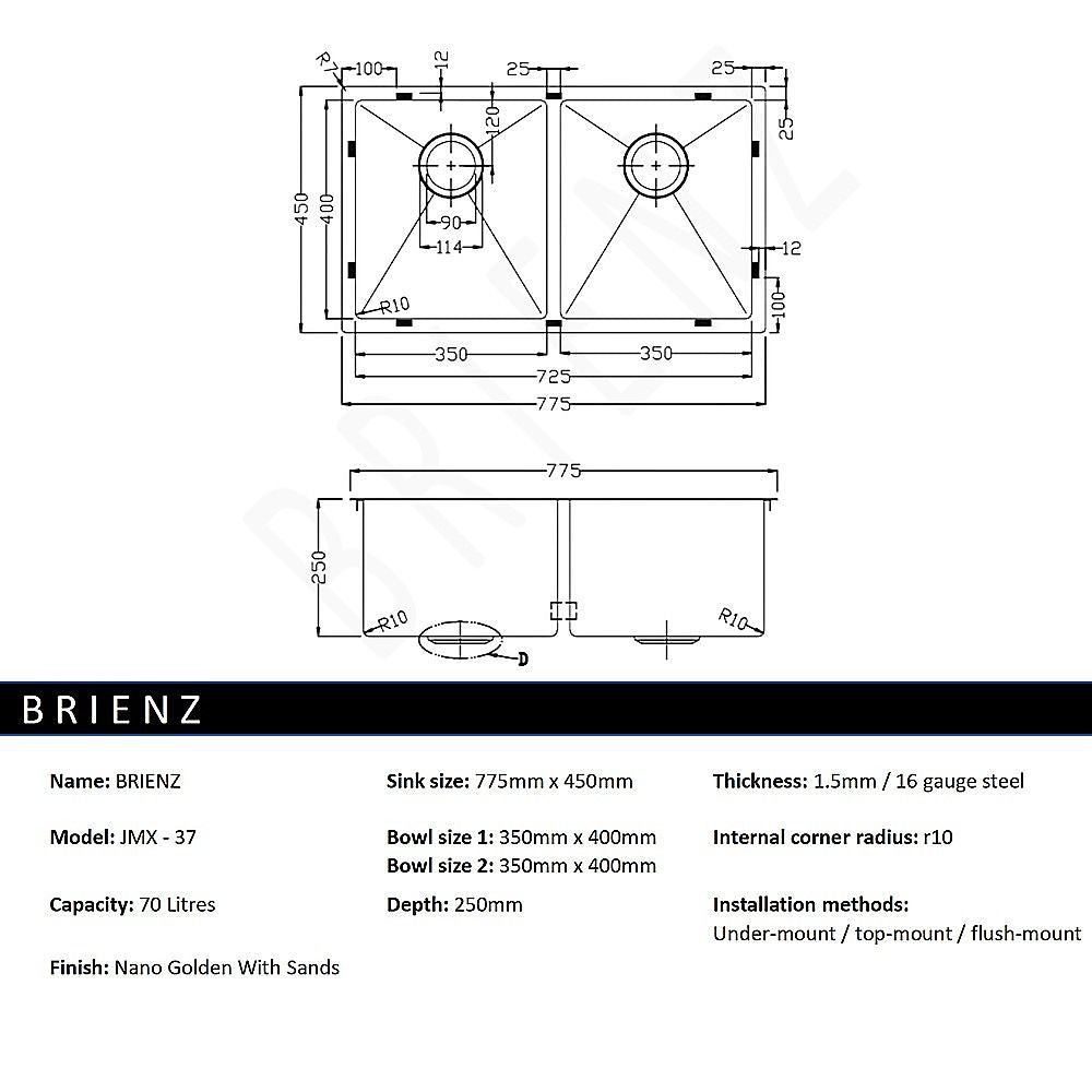 775x450mm Handmade Stainless Steel Undermount / Topmount Kitchen Laundry Sink with Waste