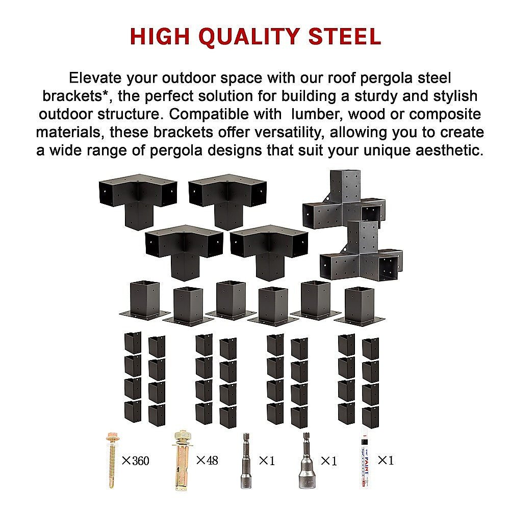 Matte Black Steel Pergola Brackets, Easy Setup, 18 Pc Kit