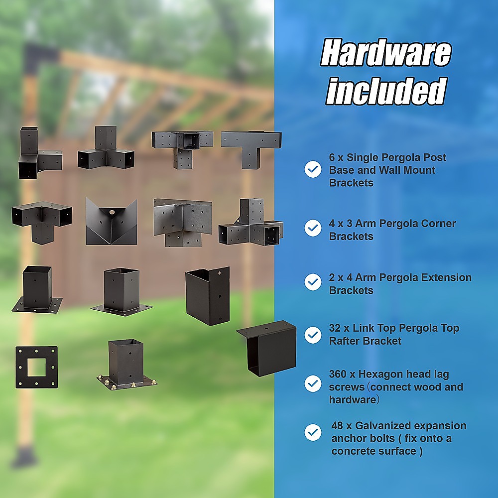 Matte Black Steel Pergola Brackets, Easy Setup, 18 Pc Kit