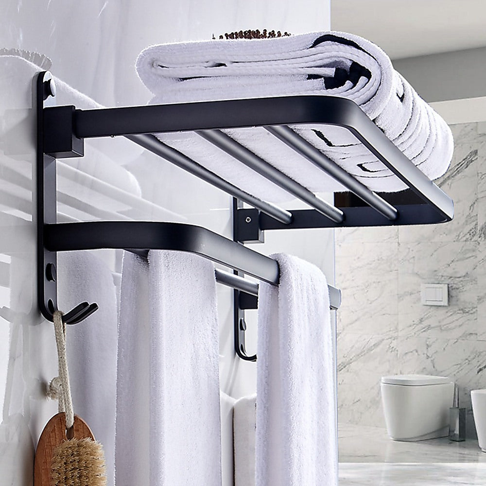 Matte Black Folding Towel Rack with Hooks & Bars, Aluminium