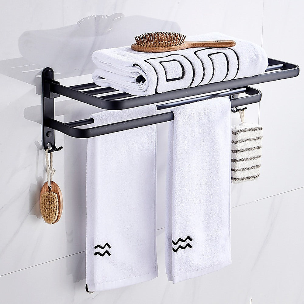 Matte Black Folding Towel Rack with Hooks & Bars, Aluminium