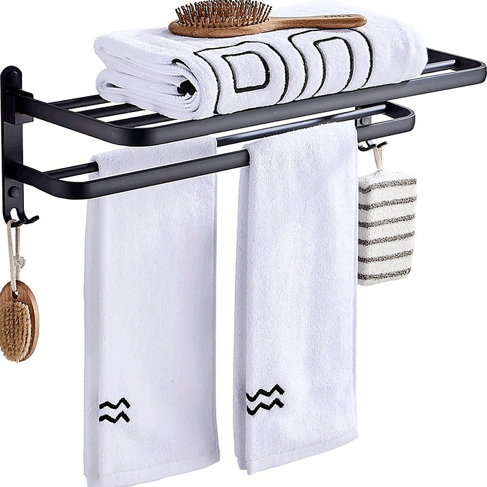 Matte Black Folding Towel Rack with Hooks & Bars, Aluminium