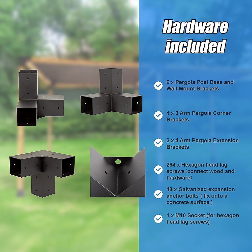 Matte Black Steel Pergola Brackets & Screens Kit, Set of 6