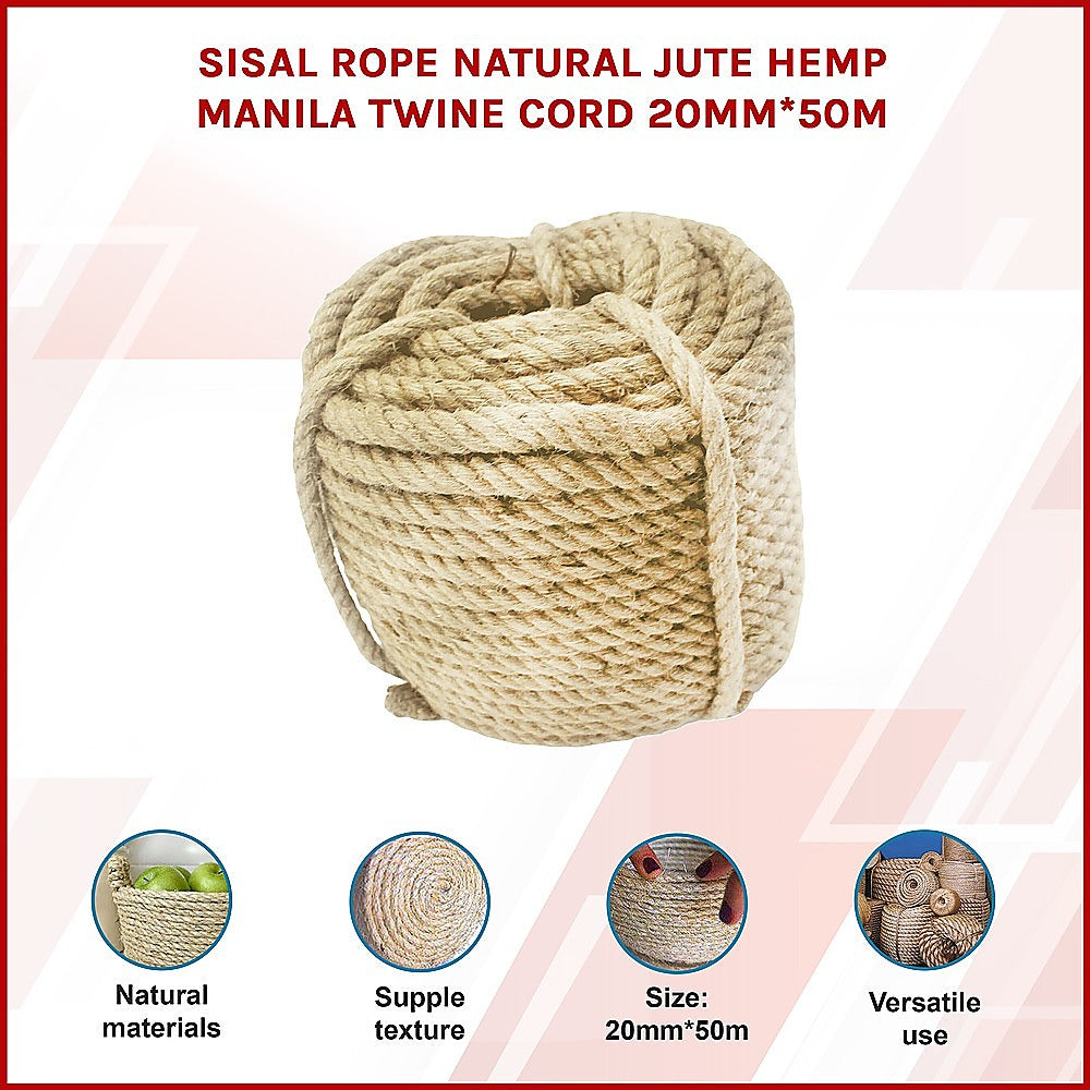 Sisal Rope Natural Jute Hemp Manila Twine Cord 20mm*50m