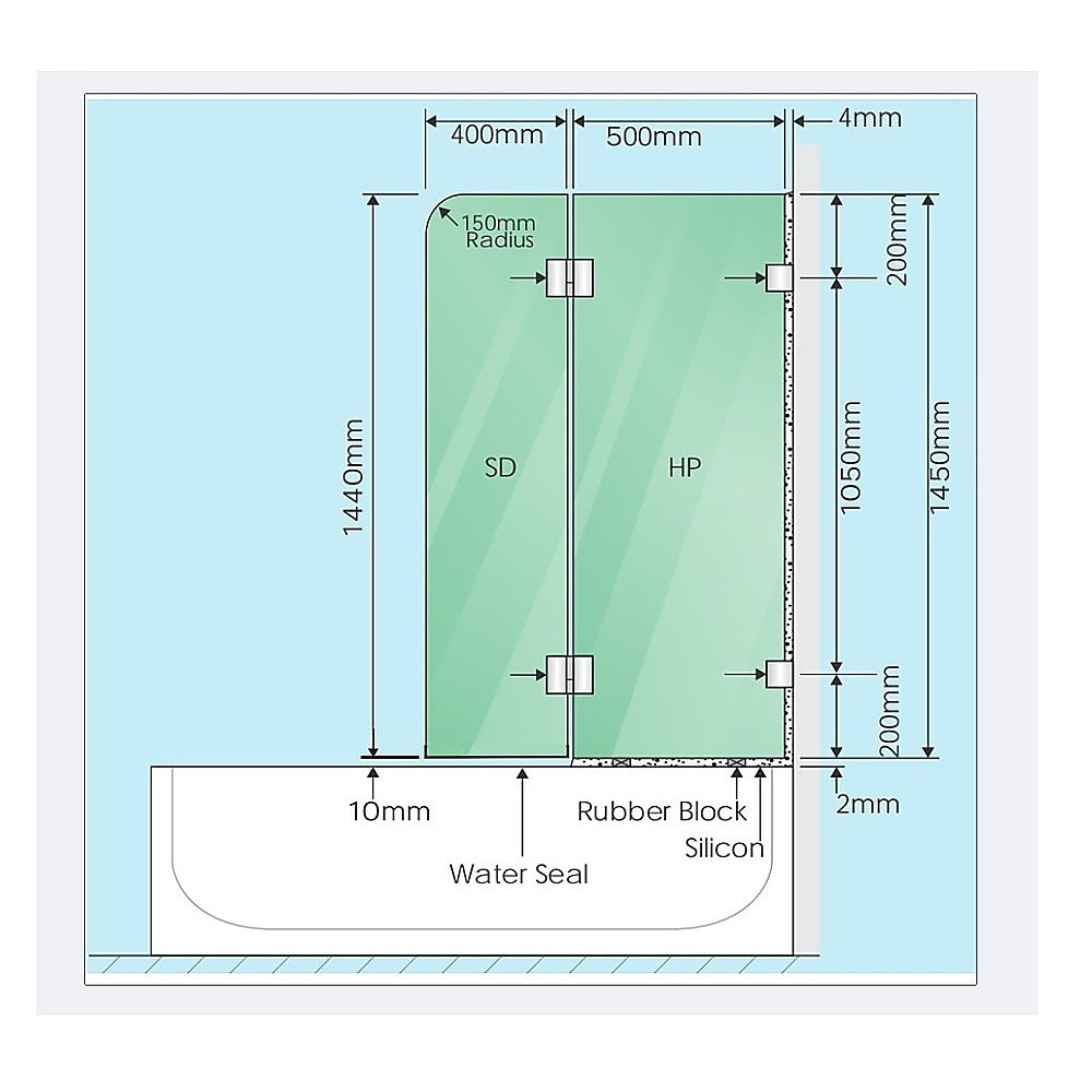 90cm Frameless Glass Bath Screen with Stainless Steel Brackets - Chrome