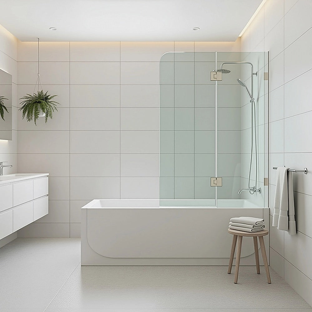 100cm Frameless Glass Bath Screen – Stainless Steel Wall F-Brackets in Nickel