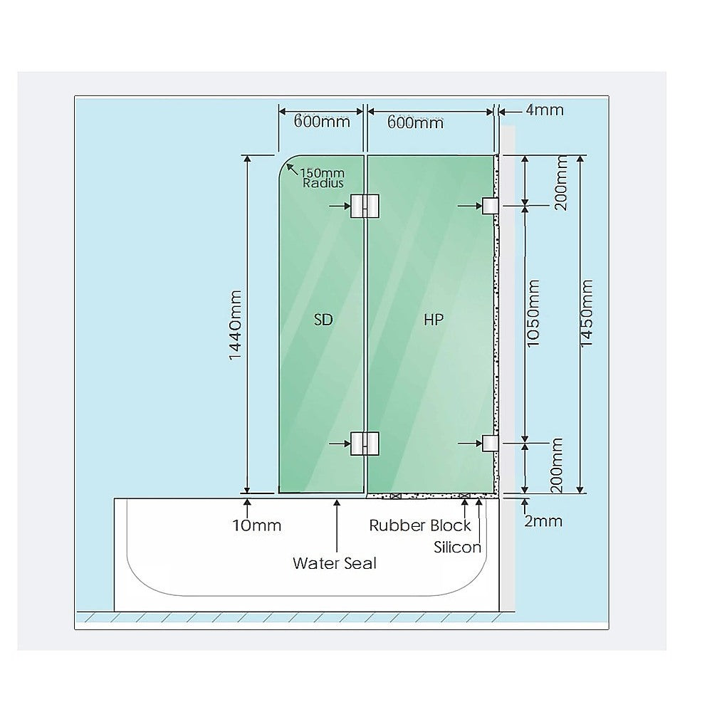 120cm Frameless Glass Bath Screen – Stainless Steel Wall F-Brackets in Nickel