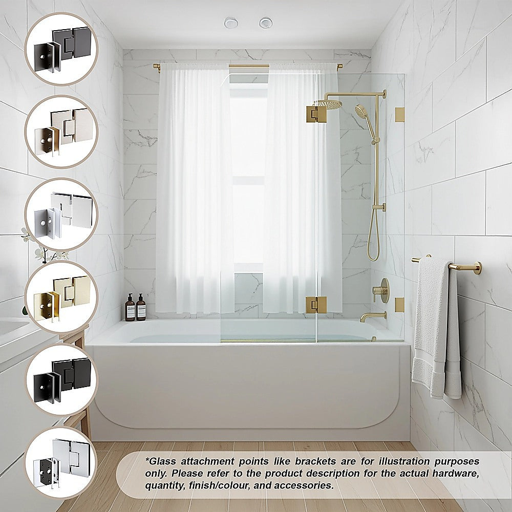 120cm Frameless Glass Bath Screen – Brass Wall F-Brackets in Nickel for Stylish Bathroom Upgrade
