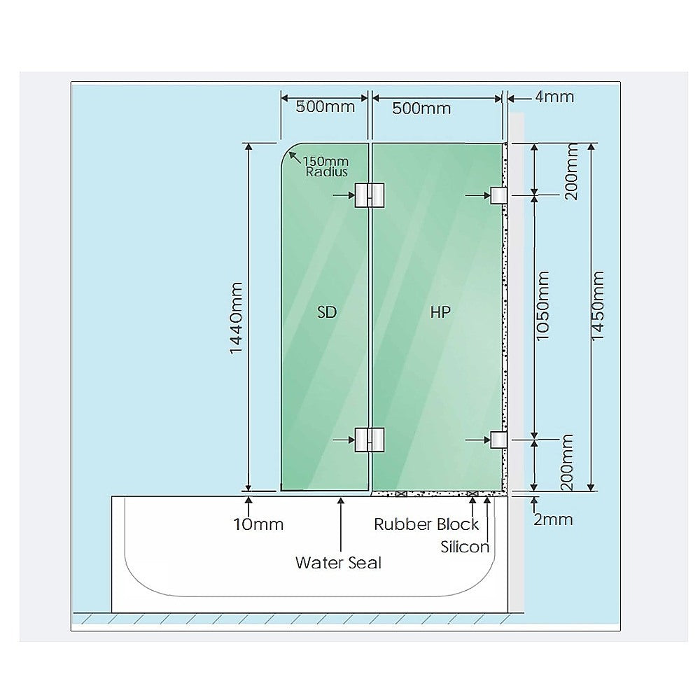 100cm Frameless Glass Bath Screen with Channel and Stainless Steel Hinges- Chrome