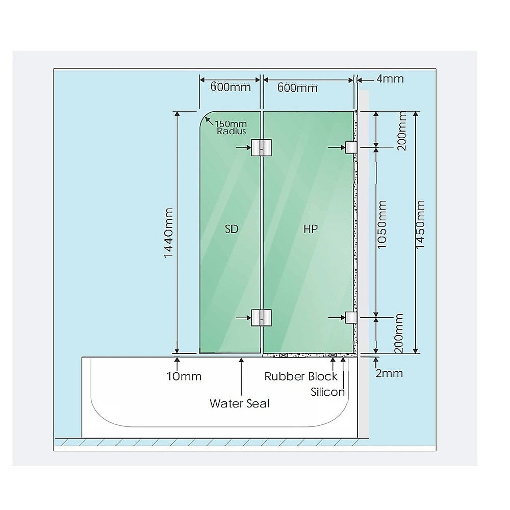 120cm Frameless Glass Bath Screen with Channel and Brass Hinges - Chrome