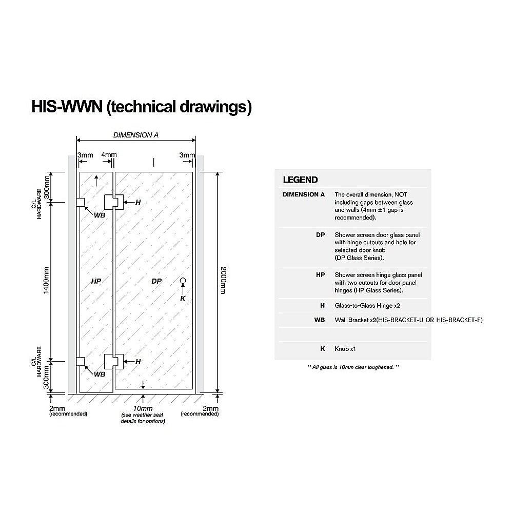 90cm Wall to Wall Frameless Shower Screen with Chrome Brackets and SS Hinges, Square Knob Handle