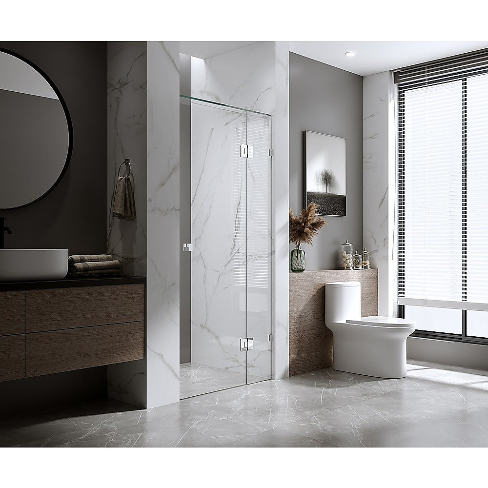 90cm Wall to Wall Frameless Shower Screen with Chrome Brackets and SS Hinges, Square Knob Handle