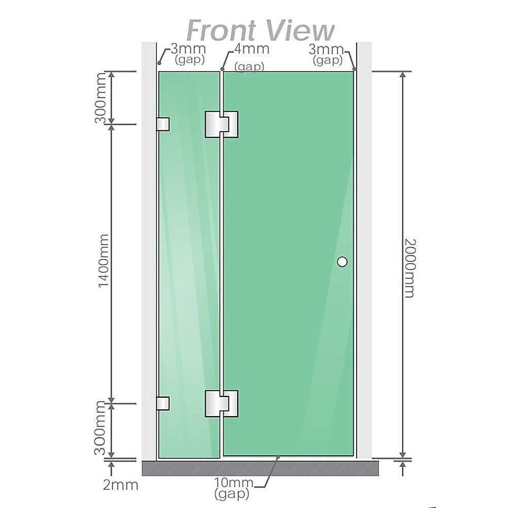 90cm Wall to Wall Frameless Shower Screen with Chrome Brackets and SS Hinges, Square Knob Handle