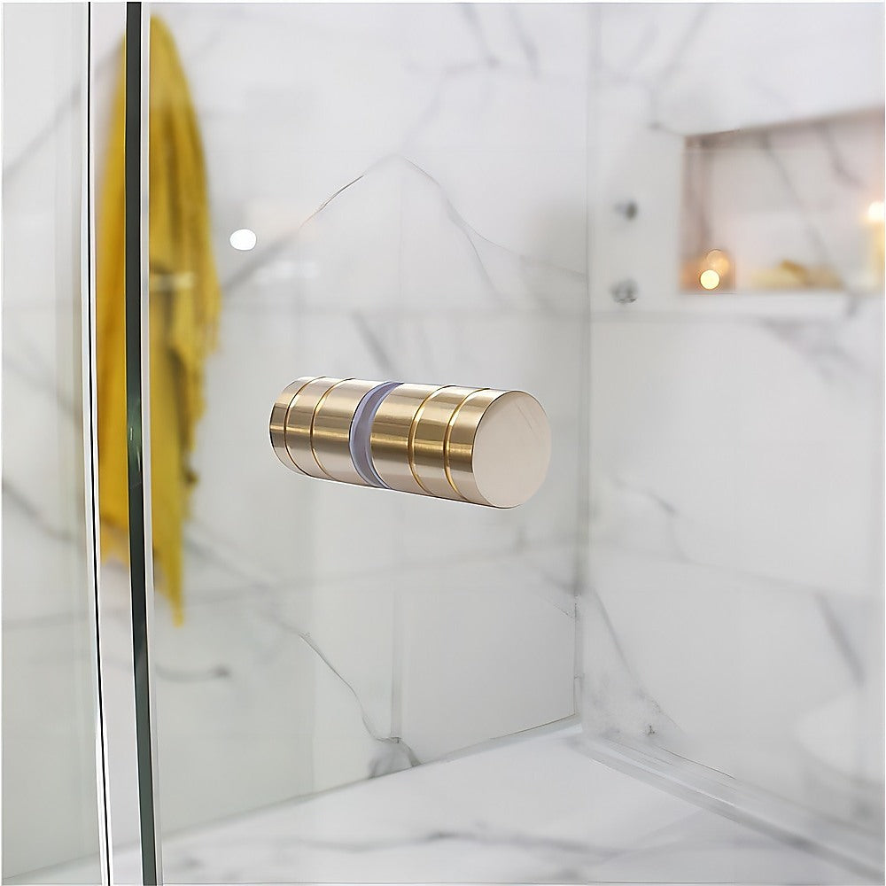 90cm Wall to Wall Frameless Shower Screen with Gold Brackets and SS Hinges, Round Knob Handle