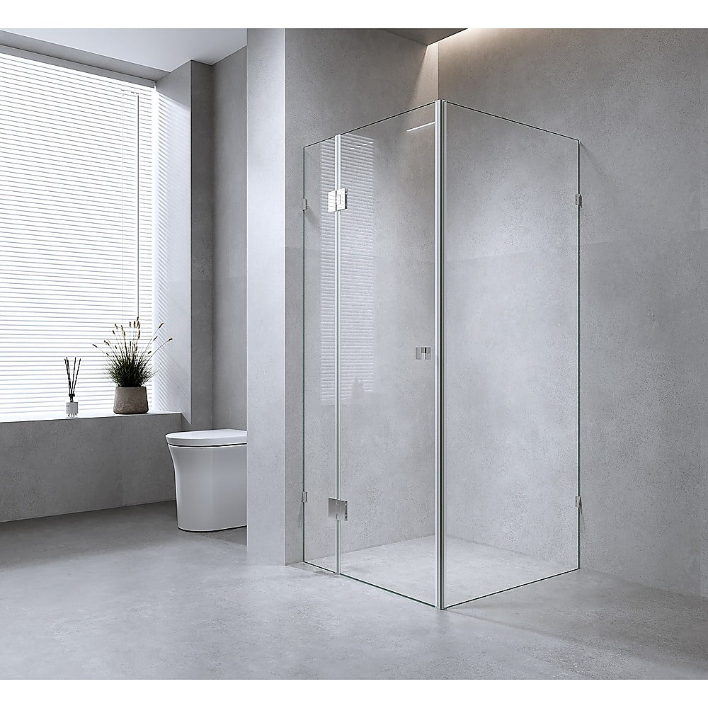 90x70cm Corner Frameless Shower Screen with Black Brackets and SS Hinges, Square Knob Handle