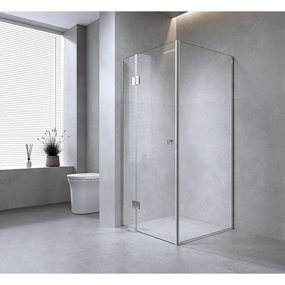 90x70cm Corner Frameless Shower Screen with Black Channel and SS Hinges, Square Knob Handle