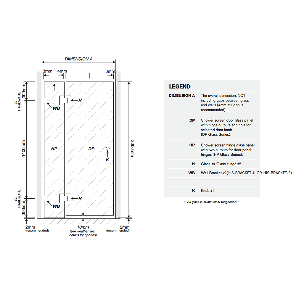 100x110cm Double Door Corner Shower Screen – Nickel F-Brackets, SS Hinges & Square Knob Handle