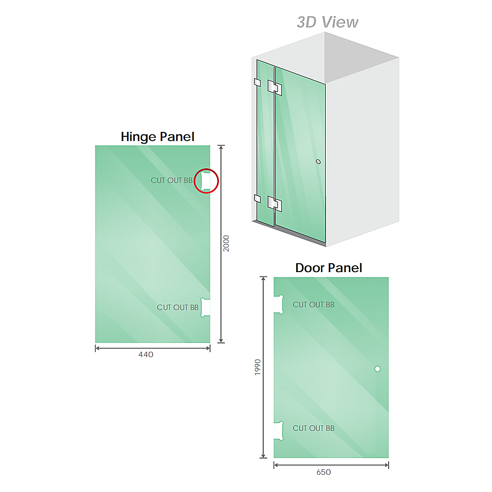 90x110cm Double Door Corner Shower Screen – Nickel F-Brackets, Brass Hinges & Square Knob Handle