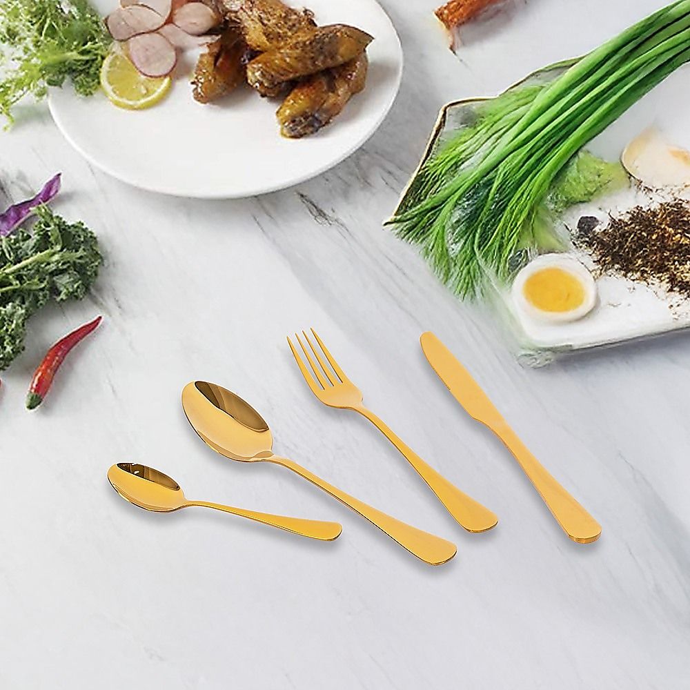 Tableware 24PC Gold Cutlery Set SS304 Household Knife Fork Spoon Kitchen with Storage Rack Dinner Service