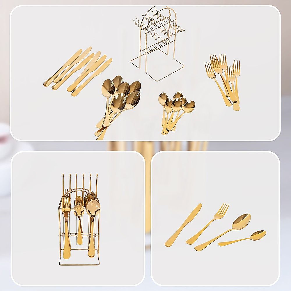 Tableware 24PC Gold Cutlery Set SS304 Household Knife Fork Spoon Kitchen with Storage Rack Dinner Service