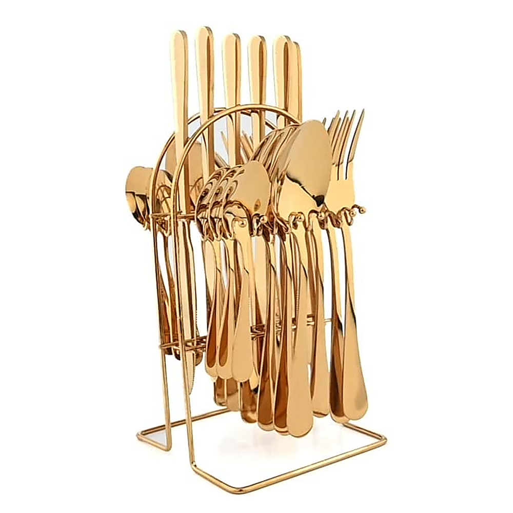 Tableware 24PC Gold Cutlery Set SS304 Household Knife Fork Spoon Kitchen with Storage Rack Dinner Service