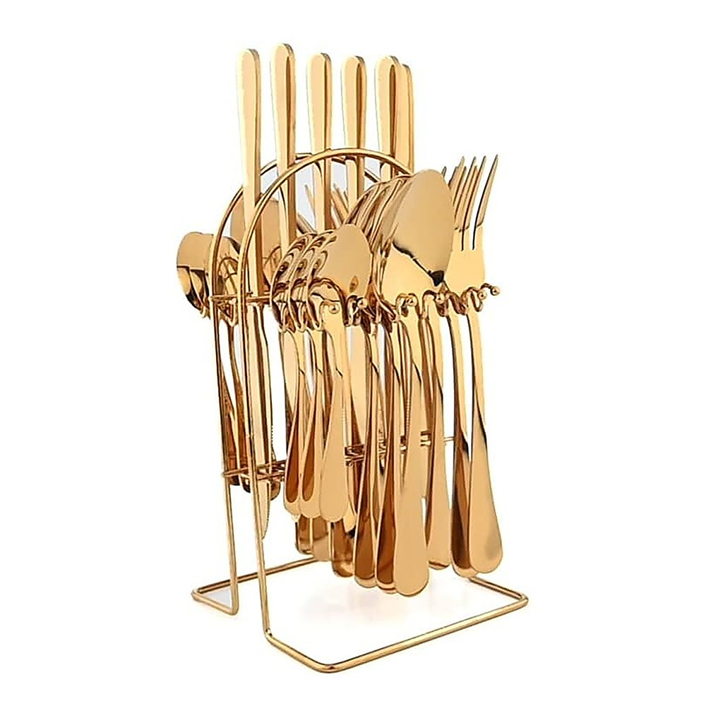 Tableware 24PC Gold Cutlery Set SS304 Household Knife Fork Spoon Kitchen with Storage Rack Dinner Service