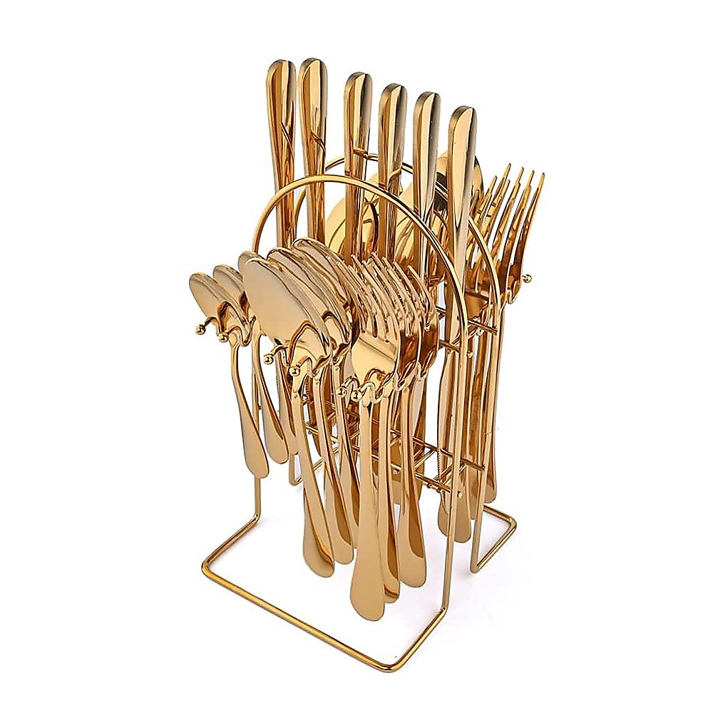 Tableware 24PC Gold Cutlery Set SS304 Household Knife Fork Spoon Kitchen with Storage Rack Dinner Service