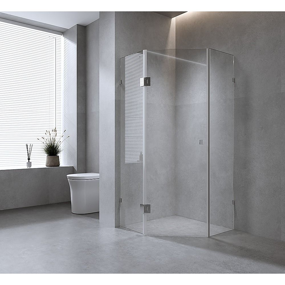 90cm Frameless Diamond Shower Screen – Chrome F-Brackets, Brass Hinges & Square Double Pull Handle