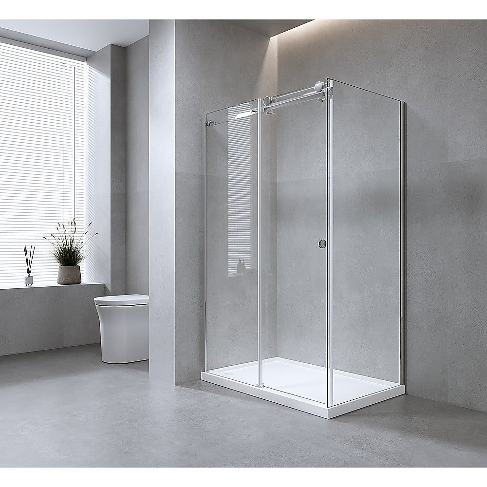 180x90cm Frameless Glass Sliding Corner Shower – With Gunmetal Rail and U-bracket for Contemporary Bathrooms
