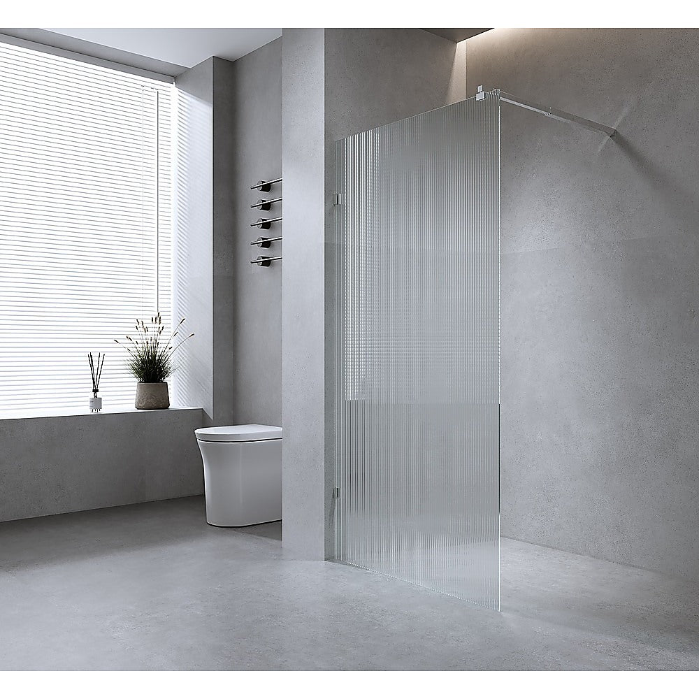 90cm Reeded Single Shower Glass Screen with Gunmetal F-brackets & Round Pole