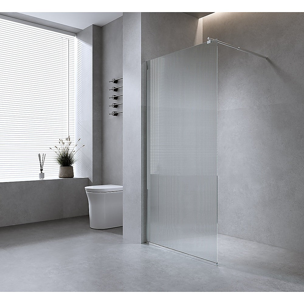 90cm Reeded Single Shower Glass Screen with Black Wall Channel & Square Pole