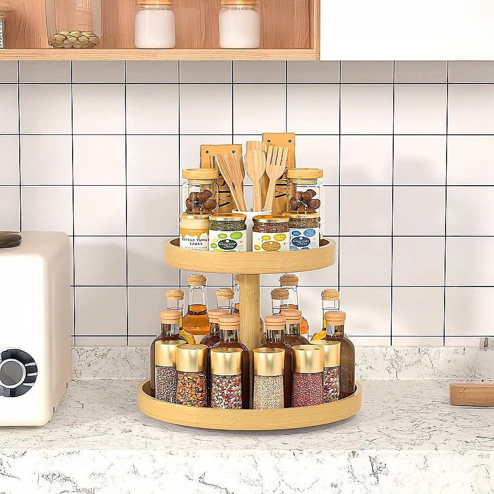 2-Tier Bamboo Lazy Susan Turntable Organizer for Kitchen Counter Cabinet