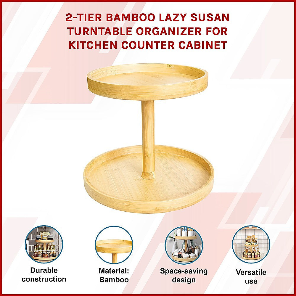 2-Tier Bamboo Lazy Susan Turntable Organizer for Kitchen Counter Cabinet