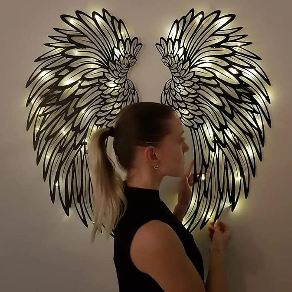 LED Angel Wing Metal Wall Art Wrought Iron Wings Sculpture Fairy Lights