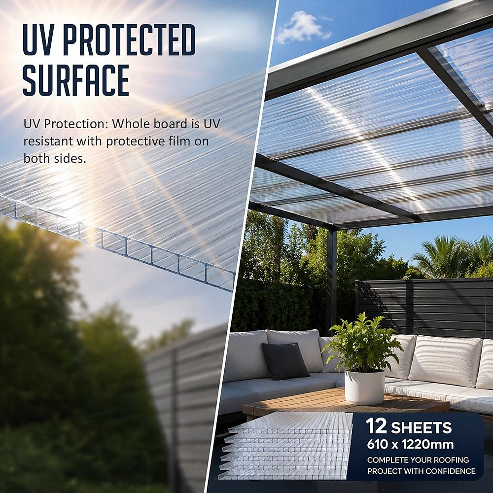 Polycarbonate Roofing Sheets – 610x1220mm Clear Panels, 12 Pack