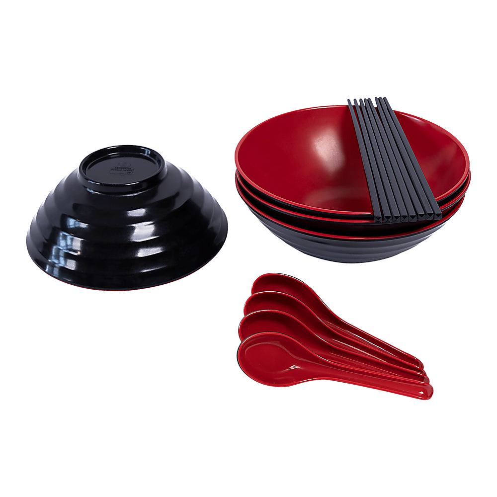 12 Piece Ramen Noodle Bowl with Spoon and Chopsticks Black Red