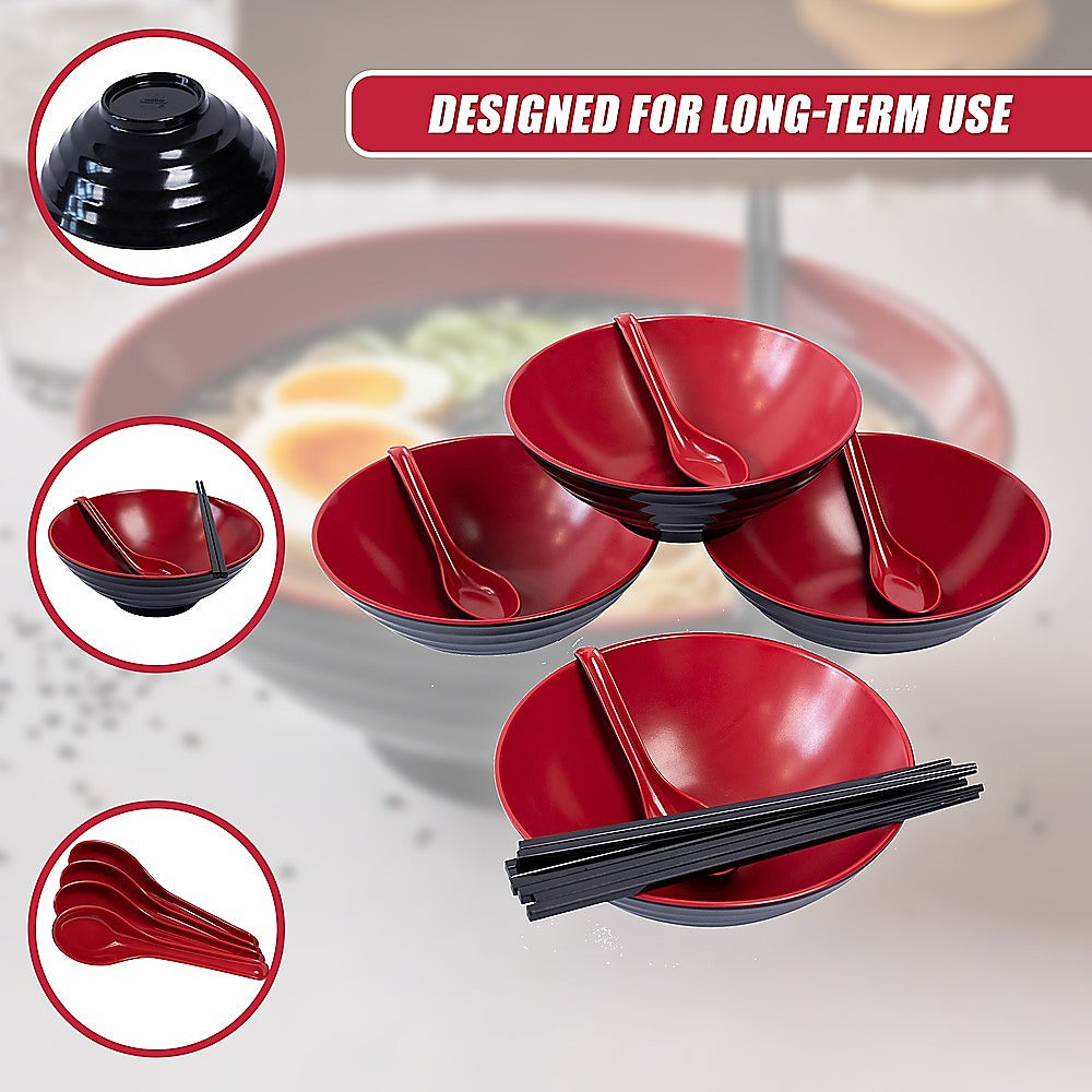 12 Piece Ramen Noodle Bowl with Spoon and Chopsticks Black Red