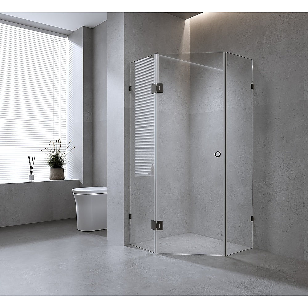 100cm Frameless Diamond Shower Screen with Black Brackets and Brass Hinges, Round Handle
