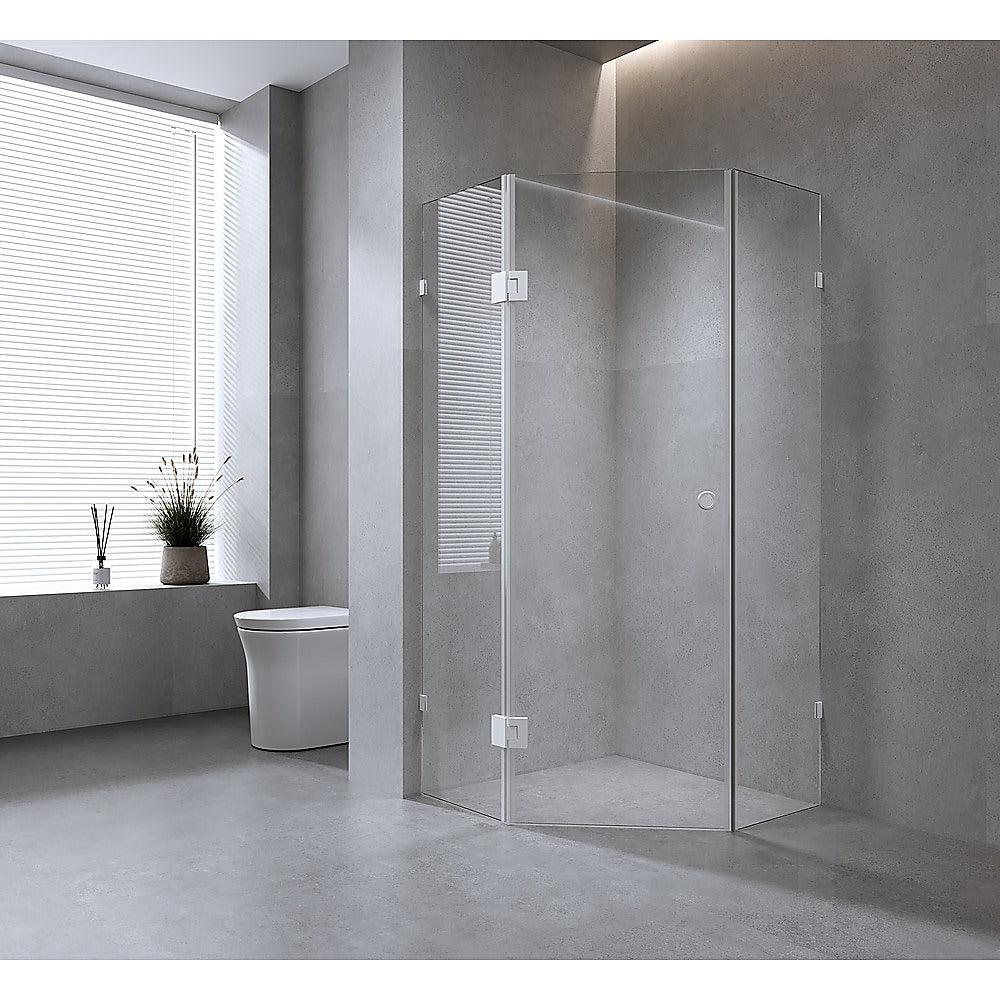 90cm Frameless Diamond Shower Screen with White Brackets and SS Hinges, Round Handle