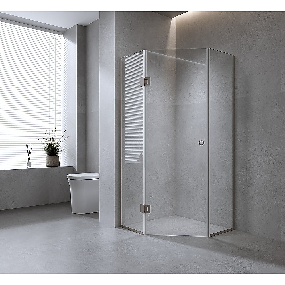 90cm Frameless Diamond Shower Screen with Gunmetal Channels and Brass Hinges & Round Handle