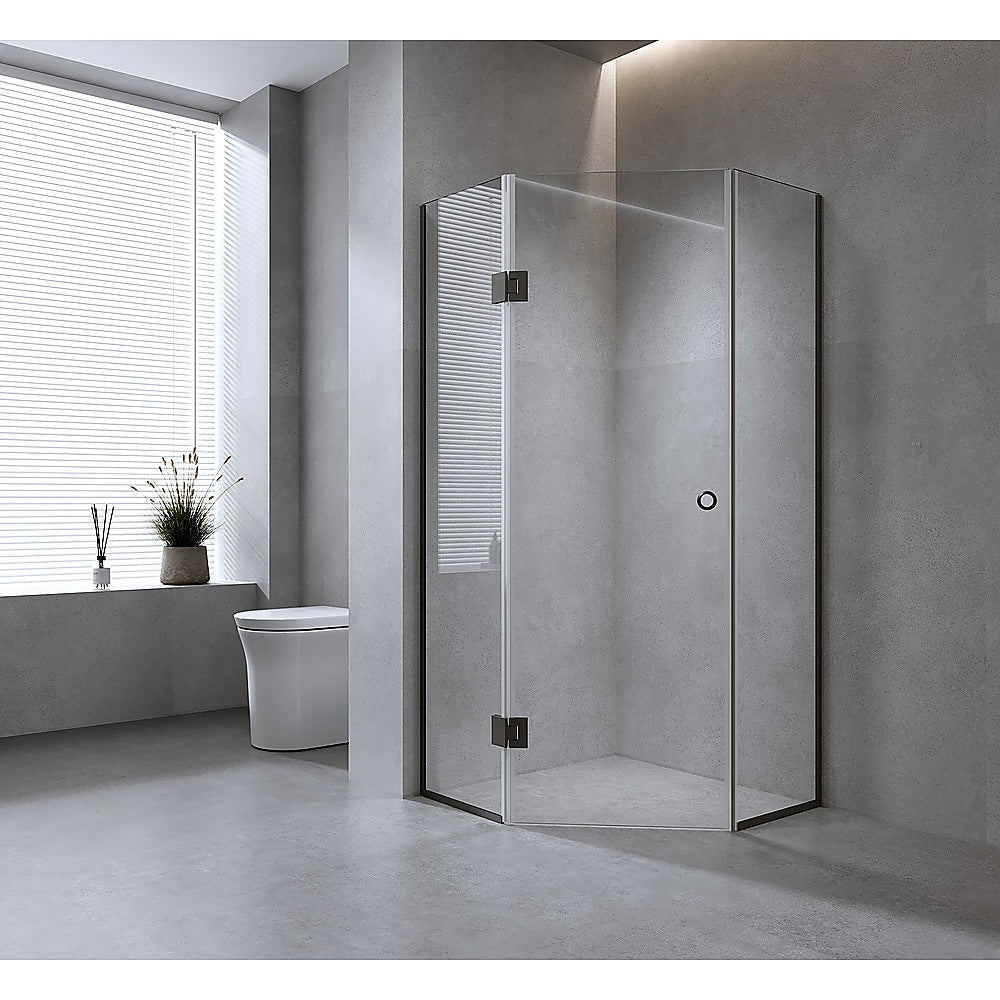 100cm Frameless Diamond Shower Screen with Black Channels and Brass Hinges & Round Handle