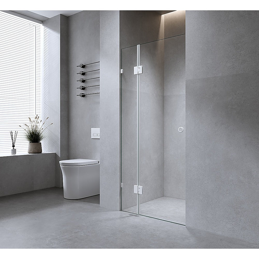 100cm Wall to Wall Frameless Shower Screen with Gunmetal Brackets and SS Hinges, Round Handle