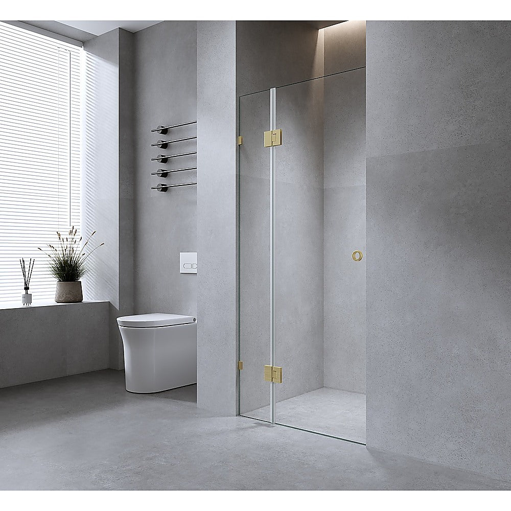110cm Wall-to-Wall Frameless Shower Screen with Gold Brackets, SS Hinges & F-Brackets and Floor F-Bracket