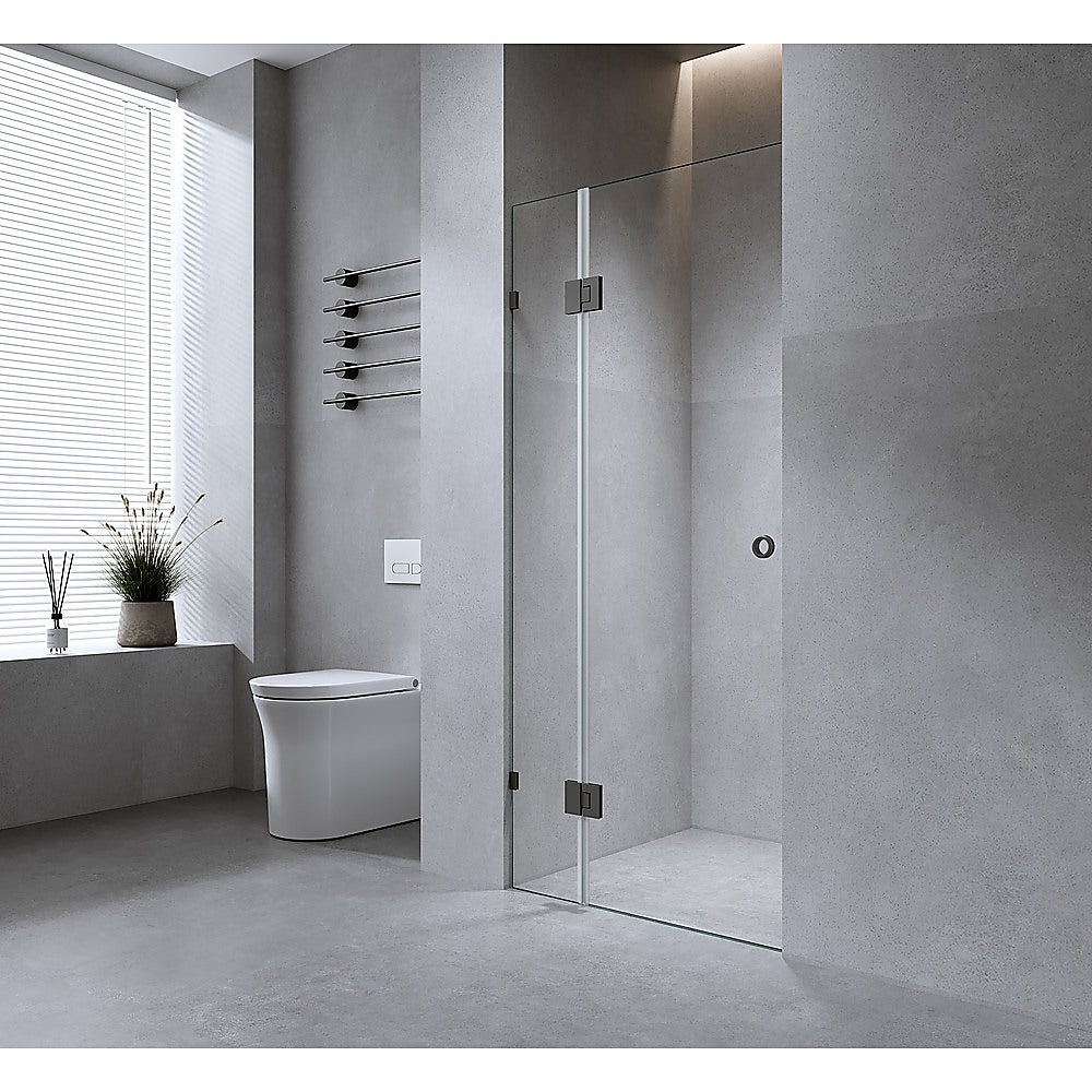 90cm Frameless Wall-to-Wall Shower Screen with Gold Brackets & Brass Hinges – F-Brackets and Floor F-Bracket